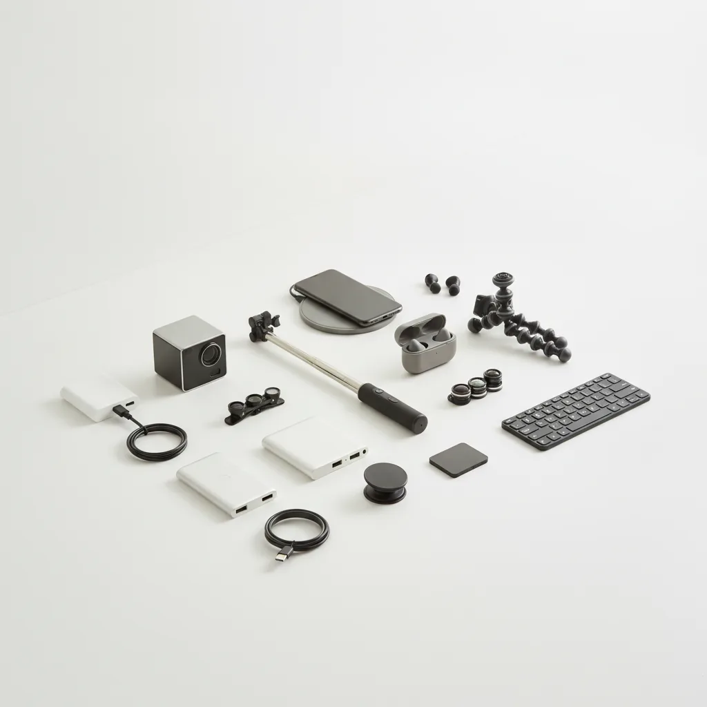 Real photo of modern smartphone accessories arranged neatly