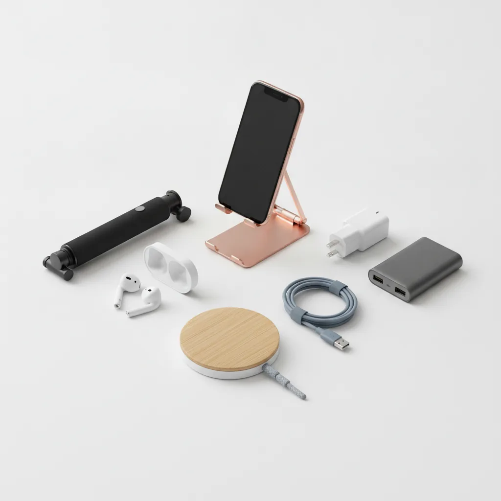 Real photo of stylish mobile accessories arranged neatly